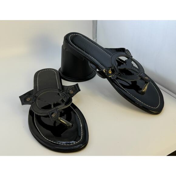 EUC Vintage 2000s‎ Y2K Laurent Effel Black Patent Leather Logo Sandals - Picture 6 of 12